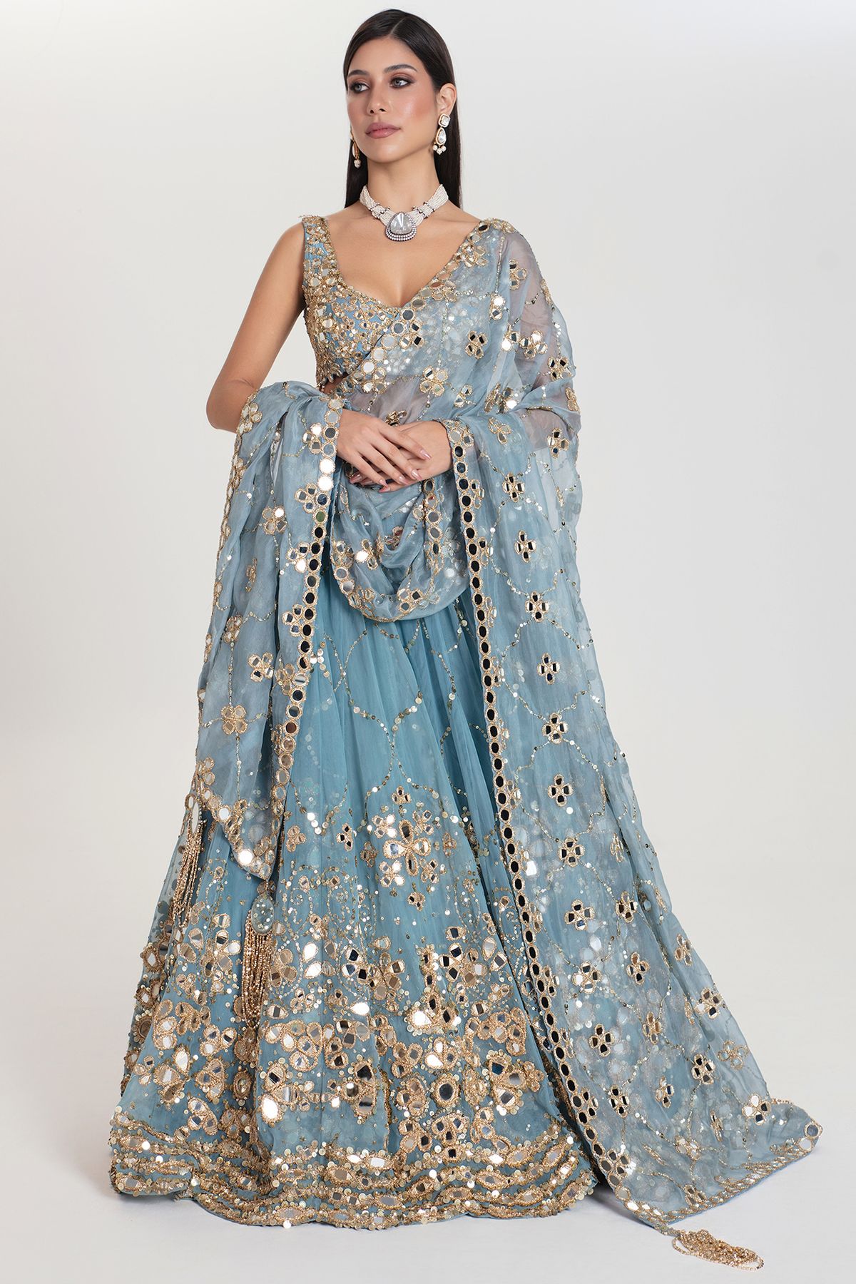 Teal Mirror Work Lehenga